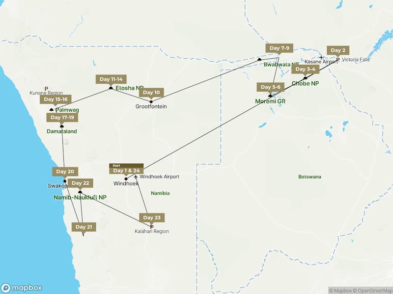 Zimbabwe, Botswana and Namibia Safari map