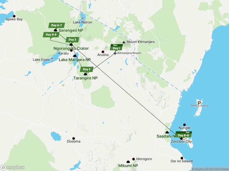 Tanzania Honeymoon Safari map